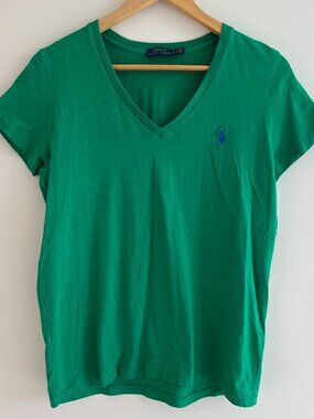 Polo Ralph Lauren Kelly Green V-Neck Tee Preppy Old Money Womens Large